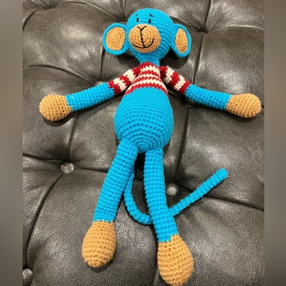 Blue Knit Monkey With Red and White Stripes - Picture 1 of 4
